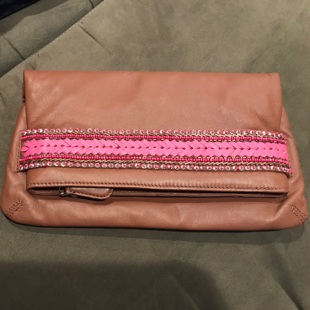 Matthew Williamson Pink and Tan Fold-Over Leather Clutch